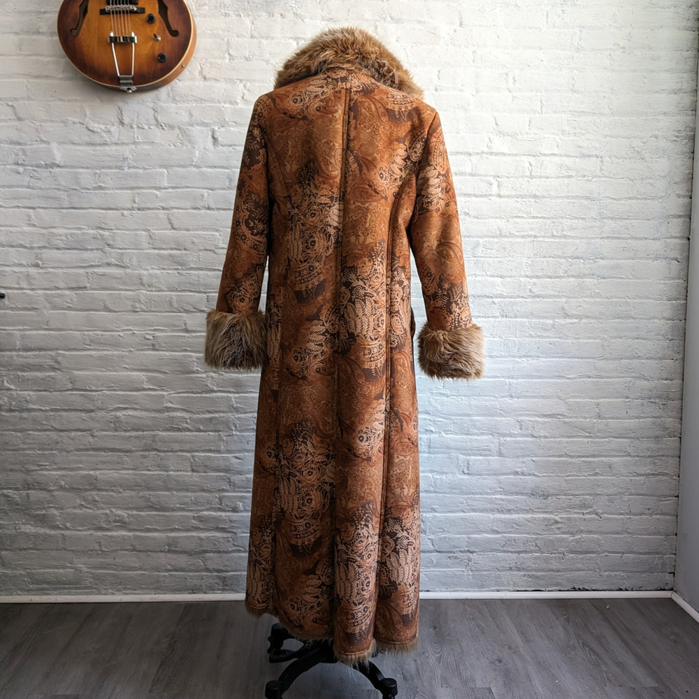 90s Vintage Penny Lane Groovy Faux Fur Jacket Shaggy Afghan Tapestry Trench Coat - Picture 4 of 8